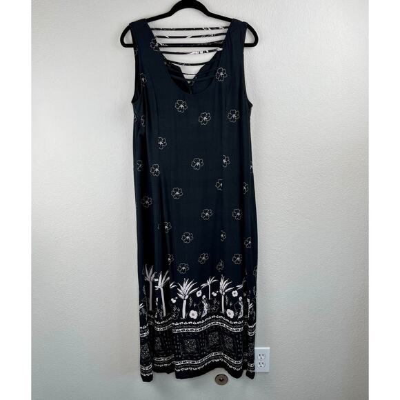 Vintage R&K Black White Floral Graphic Button Front Sleeveless Midi Dress 14/L - Picture 13 of 14